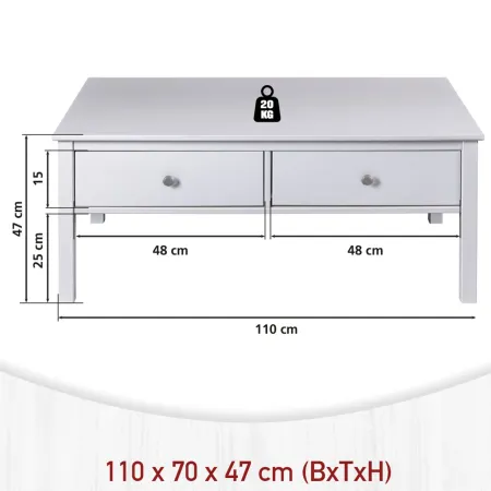 Tavolino da Caffè Rettangolare 110x70 da Salotto Legno Bianco Cassetto