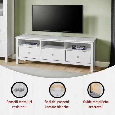 Mobile Porta Tv da Pavimento Bianco 3 Cassetti Vani a Giorno Soggiorno