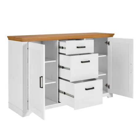 Credenza da Cucina in Legno Massello Bianco Rovere 2 Ante 3 Cassetti