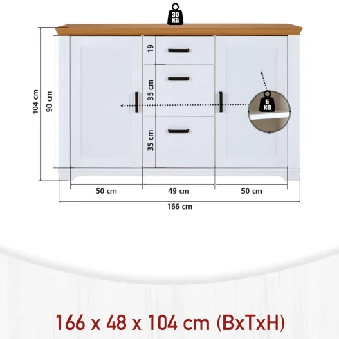Credenza da Cucina in Legno Massello Bianco Rovere 2 Ante 3 Cassetti