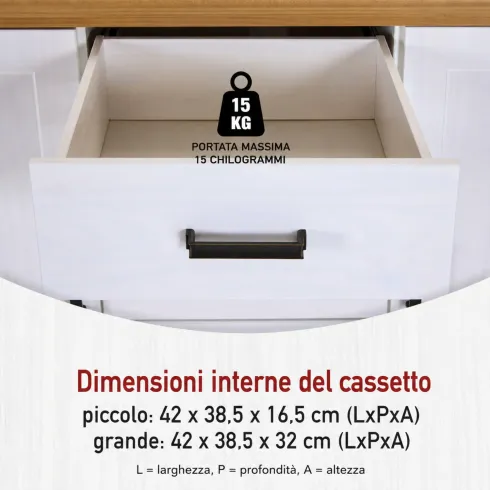 Credenza da Cucina in Legno Massello Bianco Rovere 2 Ante 3 Cassetti