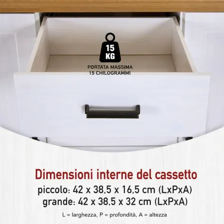 Credenza da Cucina in Legno Massello Bianco Rovere 2 Ante 3 Cassetti
