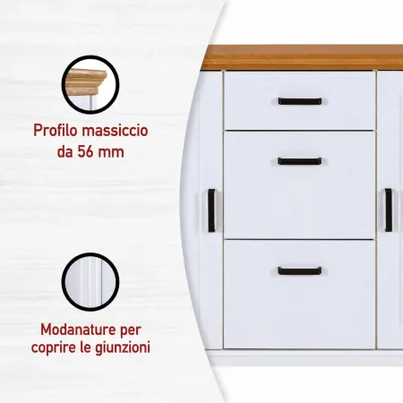 Credenza da Cucina in Legno Massello Bianco Rovere 2 Ante 3 Cassetti