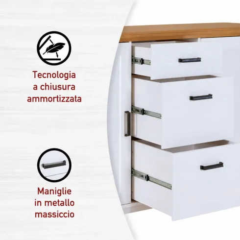 Credenza da Cucina in Legno Massello Bianco Rovere 2 Ante 3 Cassetti
