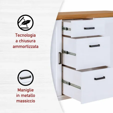 Credenza da Cucina in Legno Massello Bianco Rovere 2 Ante 3 Cassetti