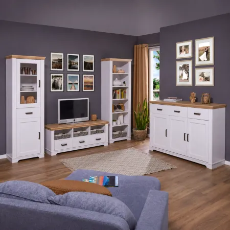 Credenza da Soggiorno in Legno Massello Bianco Rovere 3 Ante 3 Cassetti