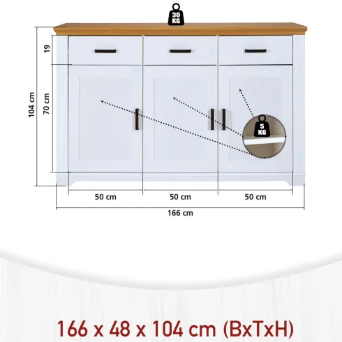 Credenza da Soggiorno in Legno Massello Bianco Rovere 3 Ante 3 Cassetti