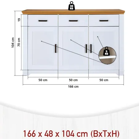 Credenza da Soggiorno in Legno Massello Bianco Rovere 3 Ante 3 Cassetti