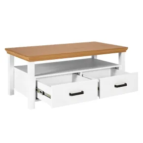 Tavolino da Caffè da Salotto in Legno Bianco Rovere 2 Cassetti Ripiano 2