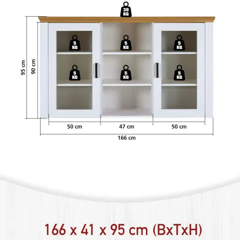 Vetrina Credenza da Salotto con 2 Ante in Legno Massello Bianco Rovere