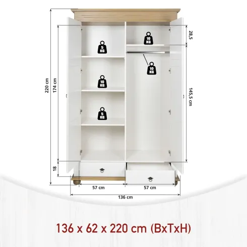 Armadio Camera da Letto 2 Ante 2 Cassetti Pino Massello Bianco Rovere