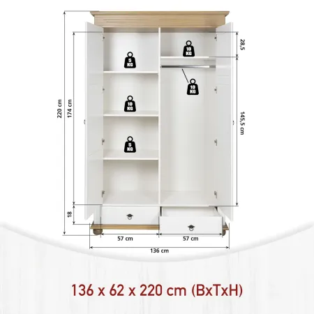 Armadio Camera da Letto 2 Ante 2 Cassetti Pino Massello Bianco Rovere