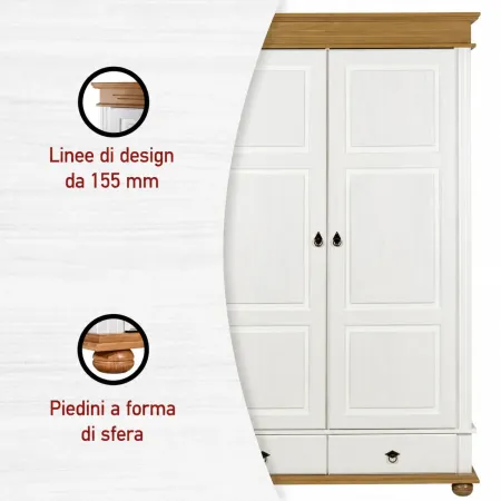 Armadio Camera da Letto 2 Ante 2 Cassetti Pino Massello Bianco Rovere