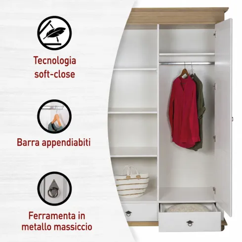 Armadio Camera da Letto 2 Ante 2 Cassetti Pino Massello Bianco Rovere