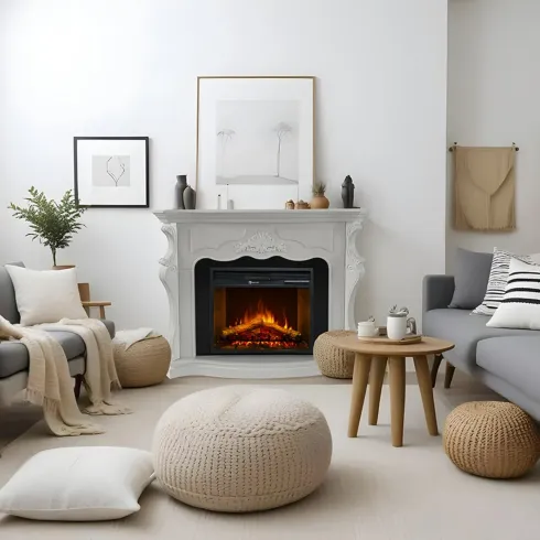 Camino Elettrico da Terra in MDF Bianco 1800 W Effetto Fiamma Classico