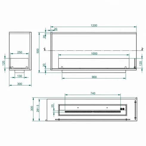 Camino a Bioetanolo Angolare Destro da Incasso 120 cm 4 kW Nero