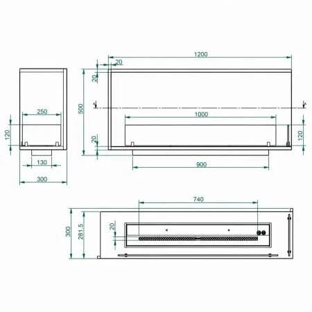 Camino a Bioetanolo Angolare Destro da Incasso 120 cm 4 kW Nero
