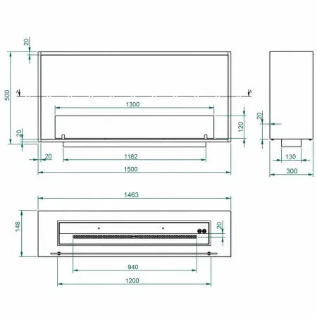 Camino Bioetanolo da Incasso Frontale 150x30 cm 4kW Nero Bruciatore 3L