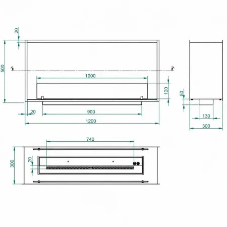Camino a Bioetanolo da Incasso Bifacciale 120x30x50 cm 4 kW Nero 3L