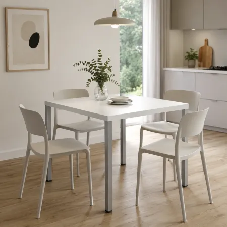Tavolo da Pranzo Quadrato 80x80 cm Bianco Gambe Alluminio Regolabili