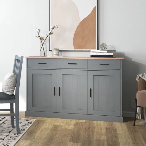 Credenza 3 Ante 3 Cassetti Madia in Legno Massello Grigio Rovere
