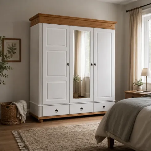Armadio Camera da Letto 3 Ante con Specchio in Legno Bianco Rovere