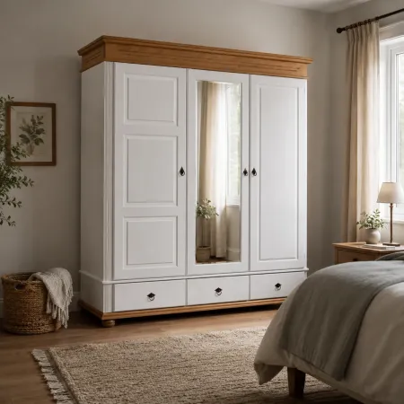 Armadio Camera da Letto 3 Ante con Specchio in Legno Bianco Rovere