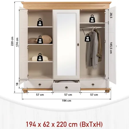 Armadio Camera da Letto 3 Ante con Specchio in Legno Bianco Rovere