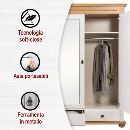 Armadio Camera da Letto 3 Ante con Specchio in Legno Bianco Rovere