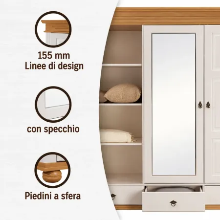 Armadio Camera da Letto 3 Ante con Specchio in Legno Bianco Rovere