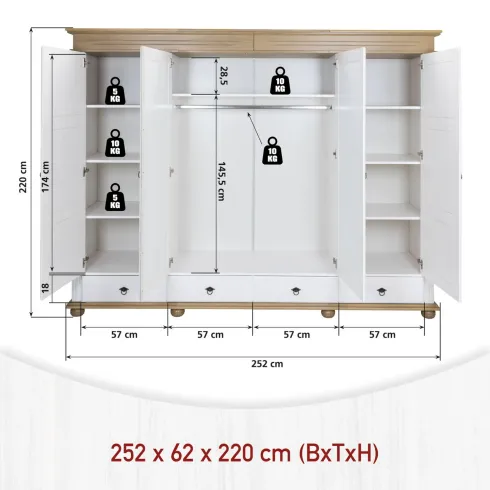 Armadio Camera da Letto 4 Ante Specchi 4 Cassetti Legno Bianco Rovere