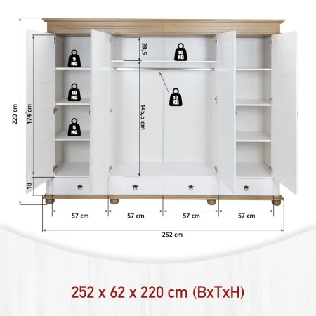 Armadio Camera da Letto 4 Ante Specchi 4 Cassetti Legno Bianco Rovere