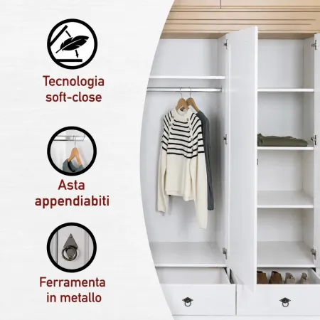 Armadio Camera da Letto 4 Ante Specchi 4 Cassetti Legno Bianco Rovere