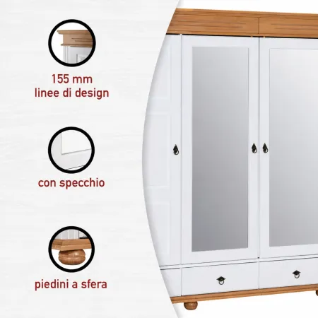 Armadio Camera da Letto 4 Ante Specchi 4 Cassetti Legno Bianco Rovere