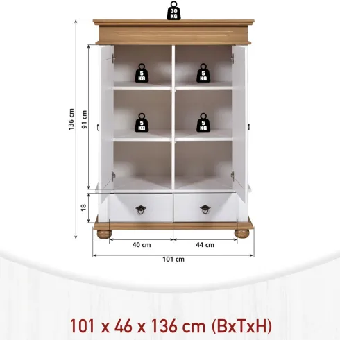 Armadio a 2 Ante con 2 Cassetti Camera da Letto in Legno Bianco Rovere