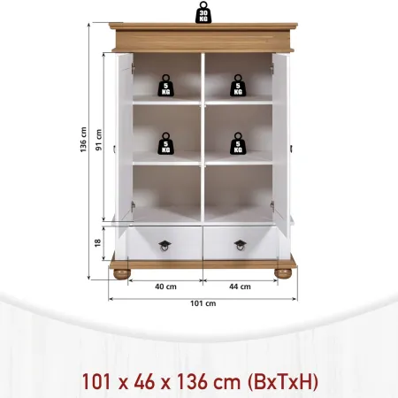 Armadio a 2 Ante con 2 Cassetti Camera da Letto in Legno Bianco Rovere