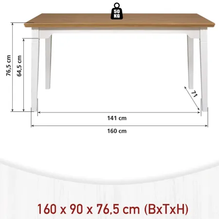Tavolo da Pranzo Bianco Rovere 160x90x76,5 cm in Legno Massello