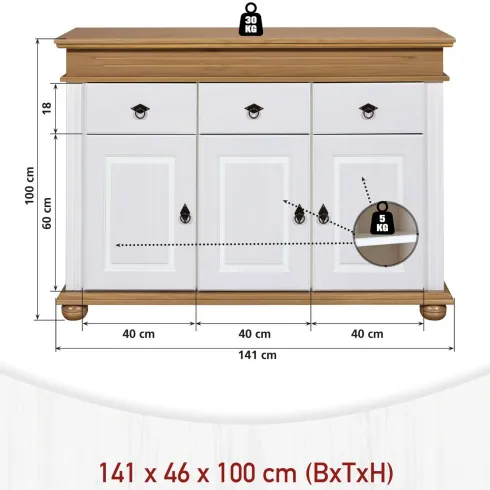 Credenza da Cucina in Legno Massello Bianco Rovere 3 Ante 3 Cassetti