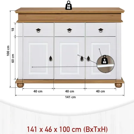 Credenza da Cucina in Legno Massello Bianco Rovere 3 Ante 3 Cassetti