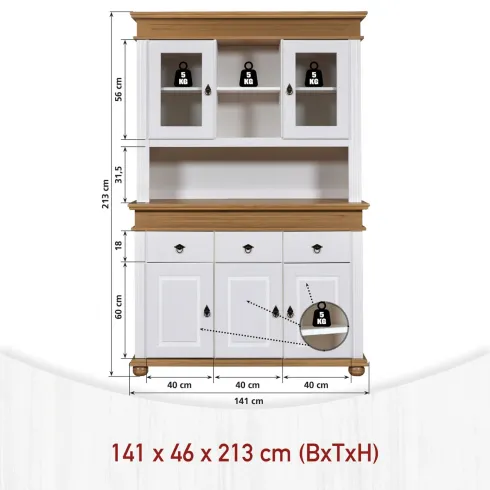 Credenza Vetrina con Ante Cassetti Ripiani in Legno Bianco Rovere