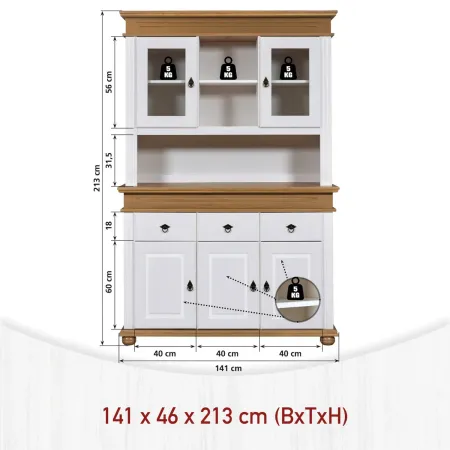 Credenza Vetrina con Ante Cassetti Ripiani in Legno Bianco Rovere