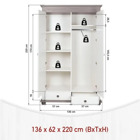 Armadio a 2 Ante con 2 Cassetti Camera da Letto in Legno Bianco Grigio