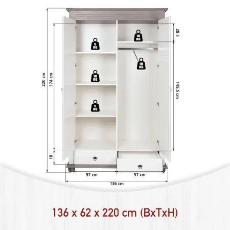 Armadio a 2 Ante con 2 Cassetti Camera da Letto in Legno Bianco Grigio