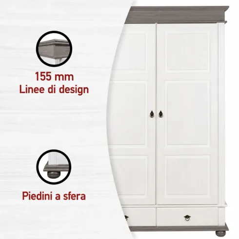 Armadio a 2 Ante con 2 Cassetti Camera da Letto in Legno Bianco Grigio