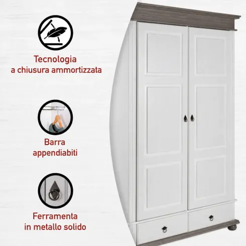 Armadio a 2 Ante con 2 Cassetti Camera da Letto in Legno Bianco Grigio