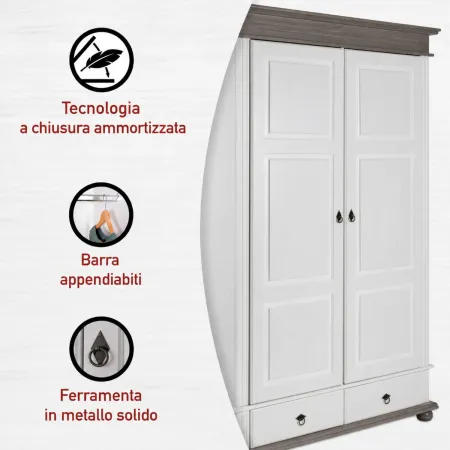 Armadio a 2 Ante con 2 Cassetti Camera da Letto in Legno Bianco Grigio