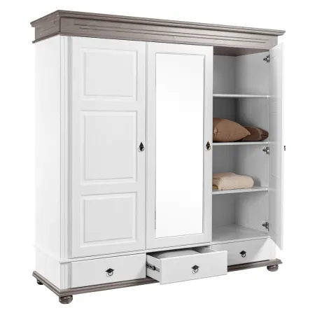 Armadio Camera da Letto 3 Ante con Specchio in Legno Bianco Grigio