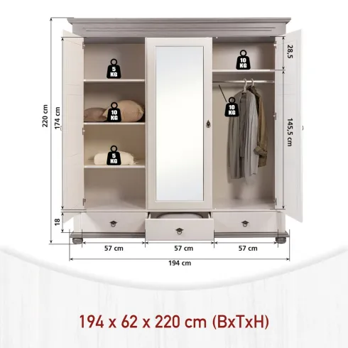 Armadio Camera da Letto 3 Ante con Specchio in Legno Bianco Grigio