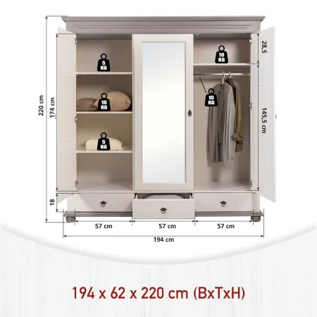 Armadio Camera da Letto 3 Ante con Specchio in Legno Bianco Grigio