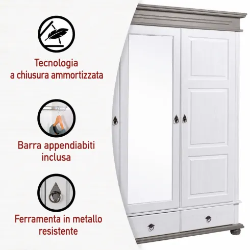 Armadio Camera da Letto 3 Ante con Specchio in Legno Bianco Grigio